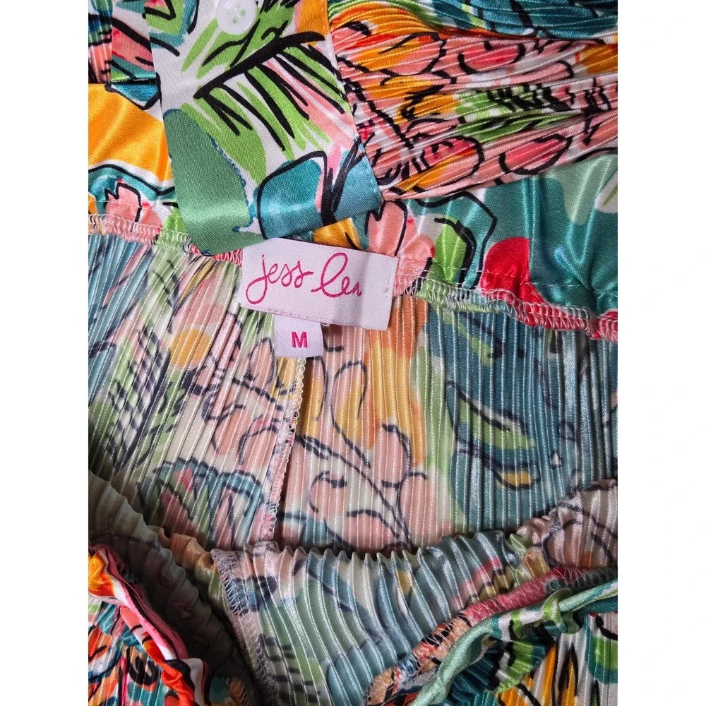 Jess Lea Tropical Floral Pleated Two Piece Set Shirt and Shorts Teal Pink Medium